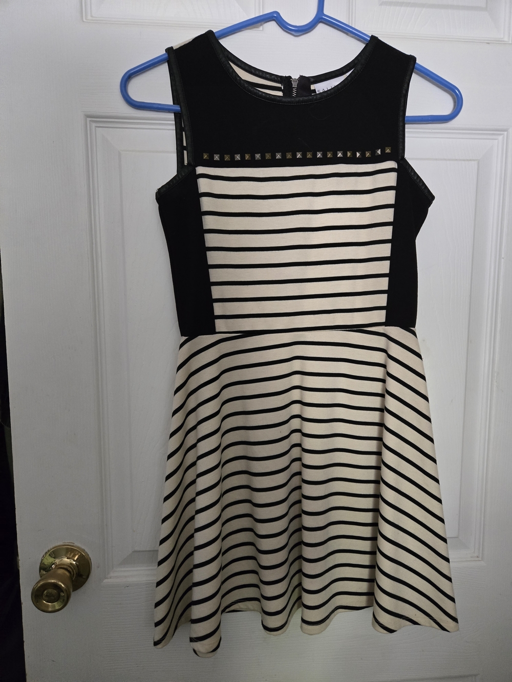 Black and Cream Striped Fit-and-Flare Dress with Stud Trim